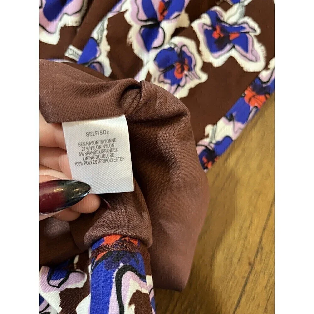 Tanya Taylor Brown Amara Floral Brown & Blue Midi Dress, 3/4 sleeves, Sz  Med